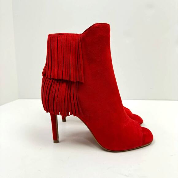 NEW Vince Camuto Amenala Bright Red Faux Suede Western Fringe Peep Toe Bootie - Picture 5 of 14